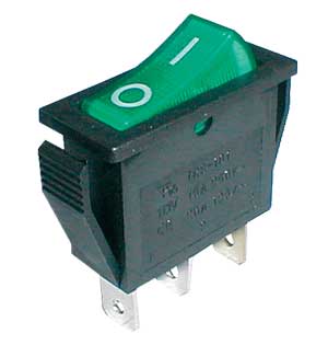 Přepínač kolébkový 2pol./3pin ON-OFF 250V/15A pros. zelený