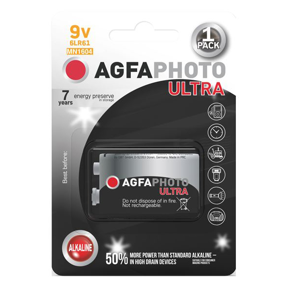 Baterie 9V (6LR61) alkalická AGFAPHOTO Ultra 1ks / blistr