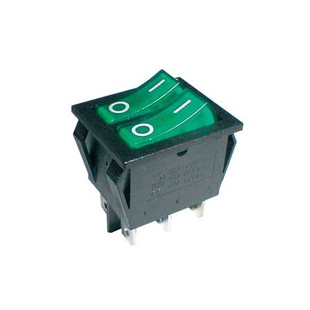 Přepínač kolébkový  2x(2pol./3pin) ON-OFF 250V/15A pros. zelený