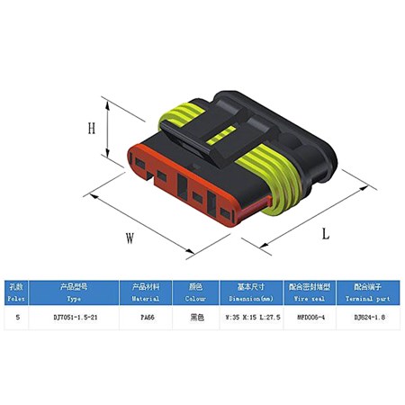 Connector with socket DJ7051-1.5-11 + DJ7051-1.5-21 5P waterproof