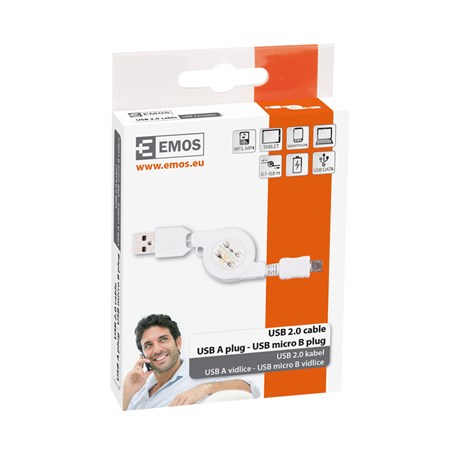 Cable EMOS USB 2.0 A/Micro USB 0.8m white retractable