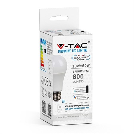 Múdra WIFI žiarovka LED E27 10W V-TAC RGB 3v1 VT-5119