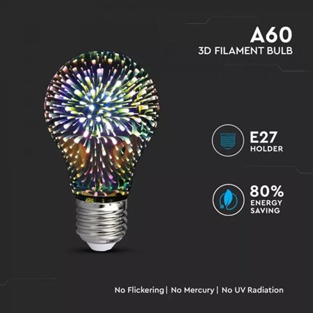 Žárovka Filament LED E27 3W A60 bílá teplá V-TAC VT-2203 3D