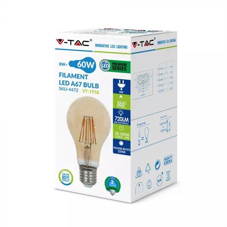 Bulb Filament LED E27 8W A67 warm white V-TAC VT-1958 Amber
