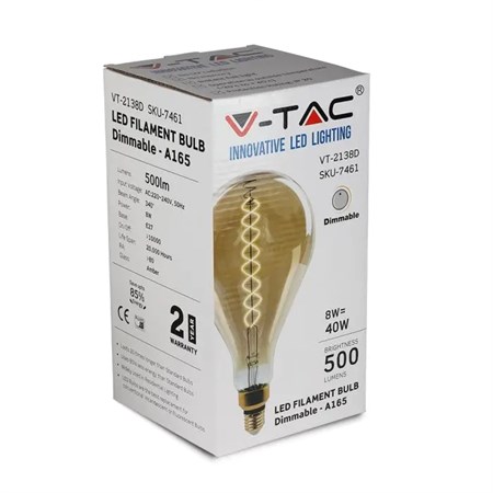 Bulb filament LED E27 8W A165 warm white V-TAC VT-2138 Dimmable