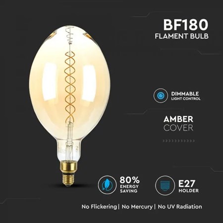 Žárovka Filament LED E27 8W BF180 bílá teplá V-TAC VT-2168D Amber Dimmable