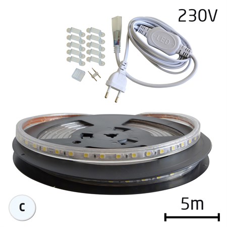 LED strip set 5m 230V 5050 60LED/m IP67 14,4W/m cold white + accessories