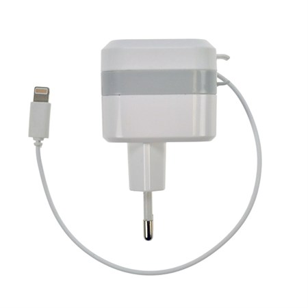 USB nabíjecí adaptér, navíjecí kabel Apple Lightning + 1x USB, 2400mA max., AC 230V, bílošedý DC40