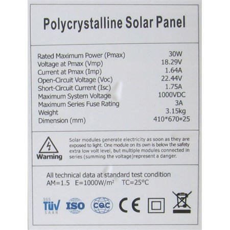 Solar panel 12V/30W polycrystalline