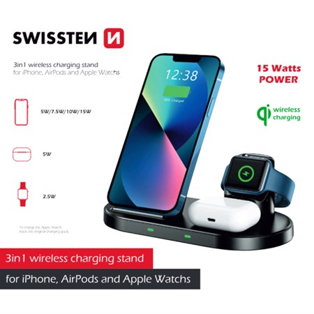 Charging station 3in1 SWISSTEN STAND BLACK 22055509 for Iphone