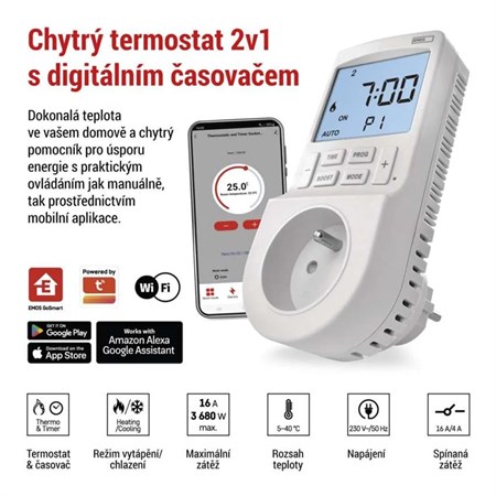 EMOS smart thermostat for socket with 2-in-1 digital timer function with WiFi