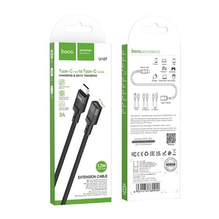 HOCO U107 USB-C/USB-C Extension Cable 1.2m Black