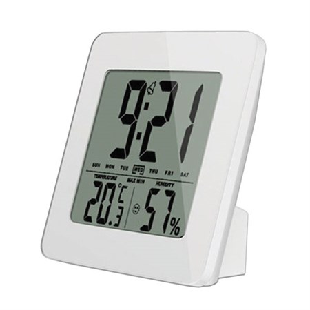 Teploměr TE12W bílý, teplota, vlhkost, budík, LCD displej, bílý rámeček