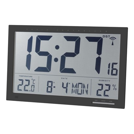 Digital wall clock DCF with thermometer Jumbo, 370 x 230 x 30 mm, black