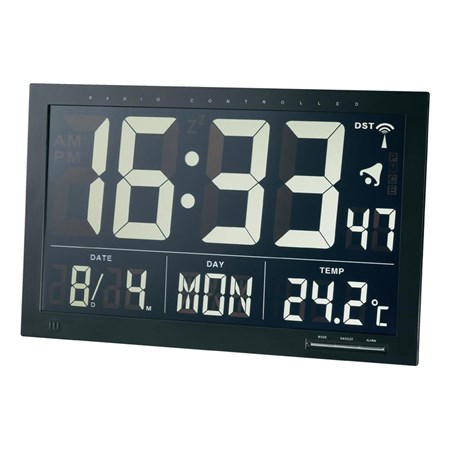 Digitální nástěnné DCF hodiny s vnitřní teplotou Jumbo, 368 x 229 x 30 mm, černá