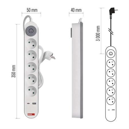 Extension lead 5 sockets 3m EMOS PC1513PD