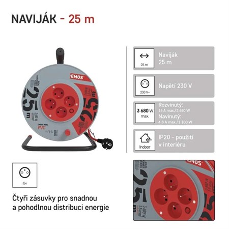 Extension cable on drum - 4 sockets 25m EMOS P19425