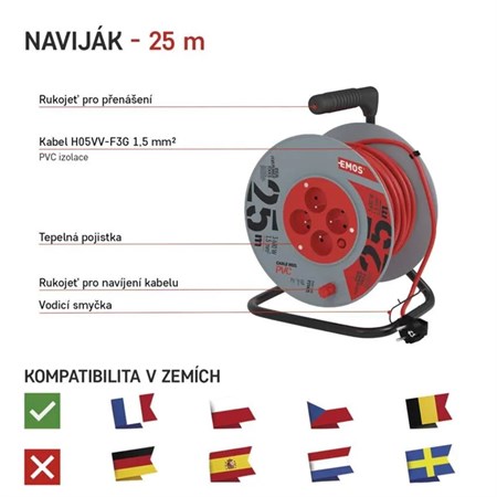 Extension cable on drum - 4 sockets 25m EMOS P19425