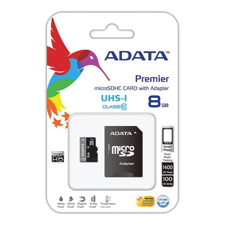 Karta paměťová ADATA MICRO SDHC 8GB CLASS 10 + adaptér AUSDH8GUICL10-RA1