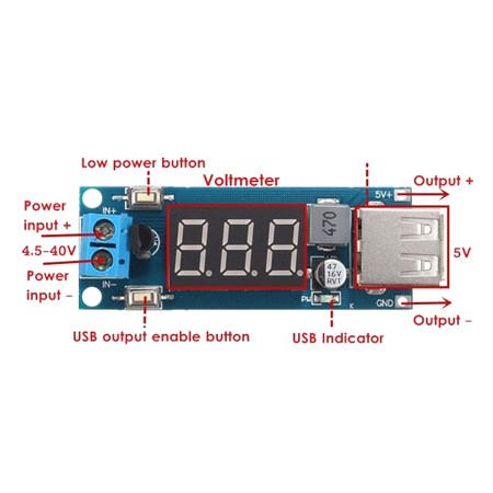 Power supply module, step-down converter 4.5-40V to 5V/2A, USB + voltmeter