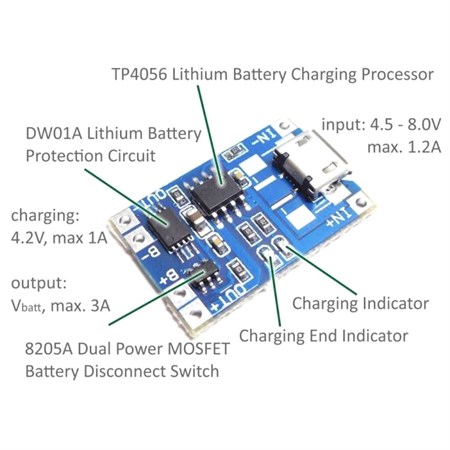 Li-Ion charger cell 1A with protection, module with IC TP4056 (USB C)