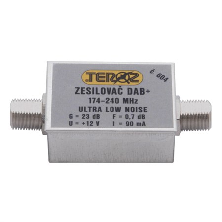 Antenna amplifier Teroz 604X, low noise, DAB, G23dB, F0,7dB, U>120dBμV, F-F