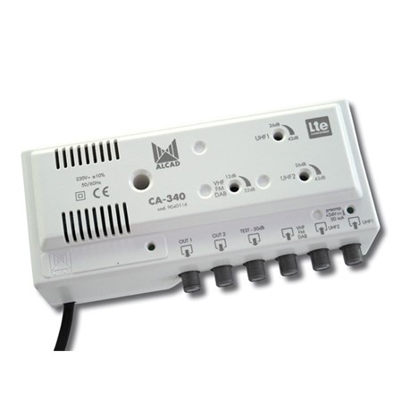 Antenna amplifier ALCAD CA-340, 2xUHF+1xFM / VHF BIII, 2x output, filter 5G, indoor
