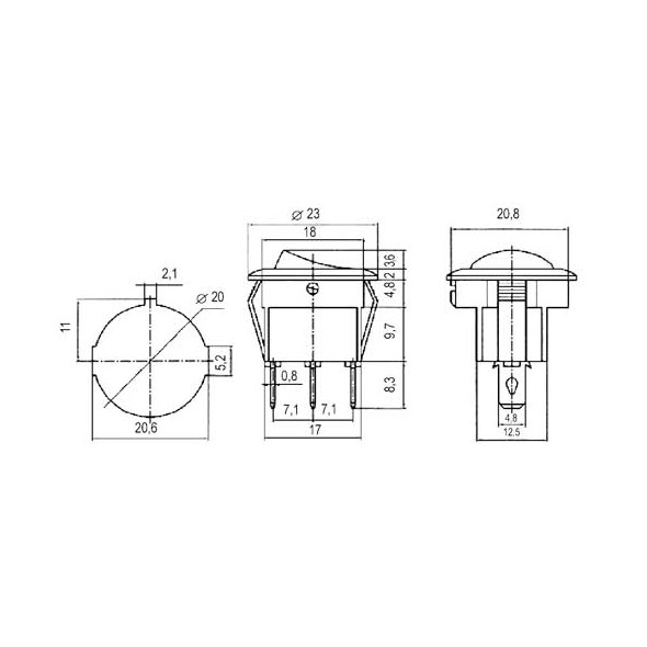 Přepínač kolébkový kul.  2pol./2pin  ON-OFF 250V/6A černý - 1