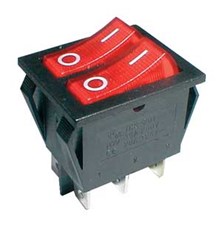 Přepínač kolébkový  2x(2pol./3pin) ON-OFF 250V/15A pros. červený