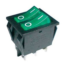 Prepínač kolískový  2x(2pol./3pin) ON-OFF 250V/15A pros. zelený