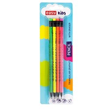 Wooden triangular pencils with eraser EASY Fluo 4pcs